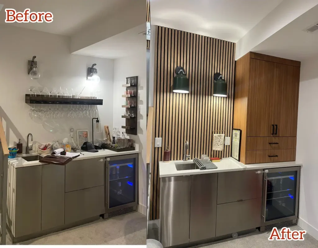 Before and after basement kitchenette remodel in Denver with contemporary wood finishes and stylish lighting updates