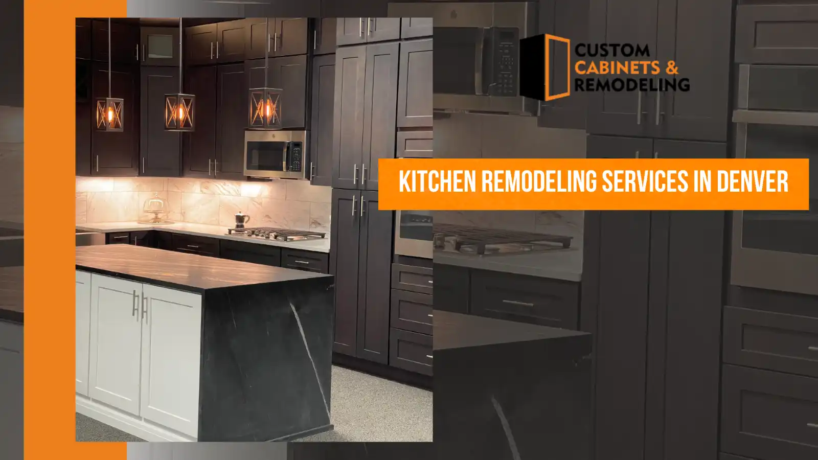 Contemporary kitchen renovation in Denver featuring black cabinetry, marble backsplash, and sleek stainless steel appliances