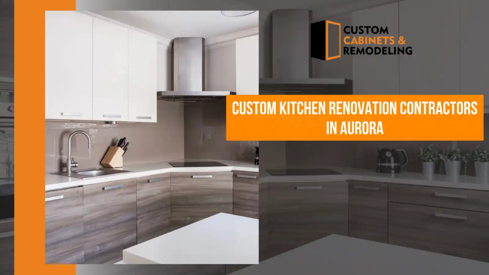 Modern custom kitchen renovation with white upper cabinets and wood-grain lower cabinets by Aurora kitchen contractors
